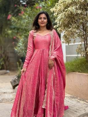 Pink Vichitra Silk Anarkali Style Embroidered Lehenga