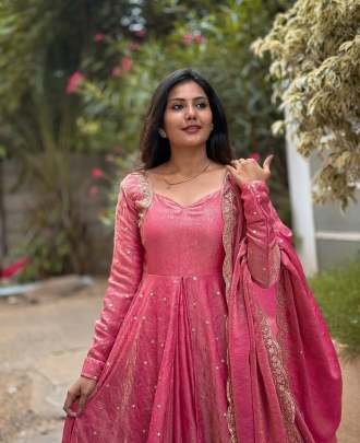 Pink Vichitra Silk Anarkali Style Embroidered Lehenga
