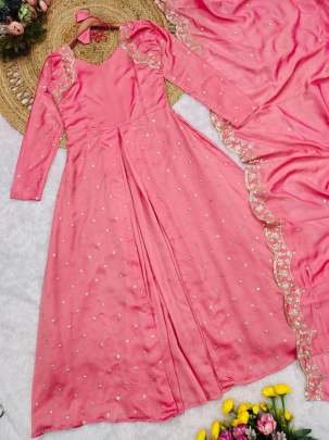 Pink Vichitra Silk Anarkali Style Embroidered Lehenga