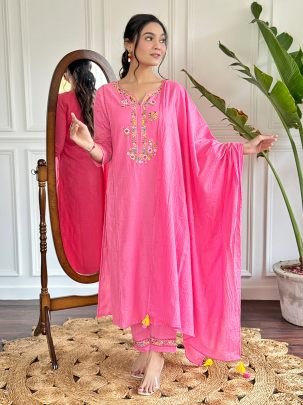 Pink Viscose Kurti Set With Cotton Dupatta