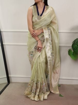 Pista Elegance Embroidery Saree