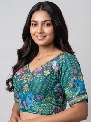 Embroidery Work Rama Colour Ready Made Blouse