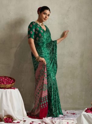 Premium Green Satin Silk Bandhani Printed Saree