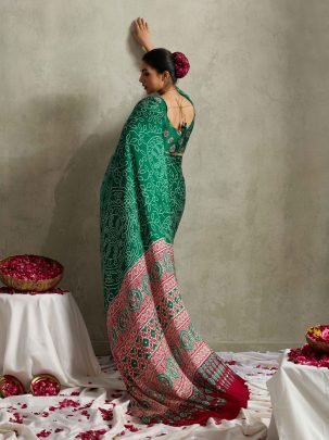 Premium Green Satin Silk Bandhani Printed Saree