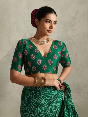 Premium Green Satin Silk Bandhani Printed Saree