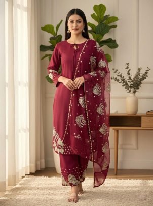 Premium Maroon Pure Natural Crepe Silk Embroidered Top Plazzo Set With Organza Dupatta