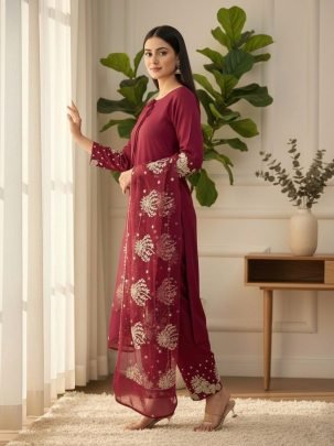Premium Maroon Pure Natural Crepe Silk Embroidered Top Plazzo Set With Organza Dupatta