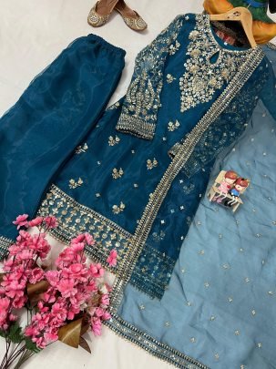 Premium Navy Blue Organza Silk 5 Meter Sequins Embroidery Work Kurti Plazzo Set