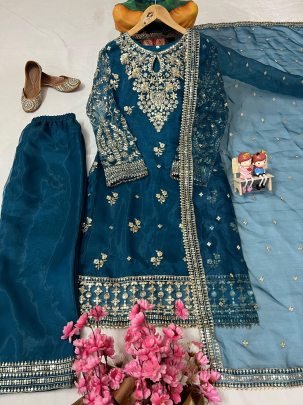 Premium Navy Blue Organza Silk 5 Meter Sequins Embroidery Work Kurti Plazzo Set