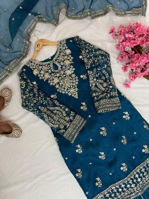 Premium Navy Blue Organza Silk 5 Meter Sequins Embroidery Work Kurti Plazzo Set