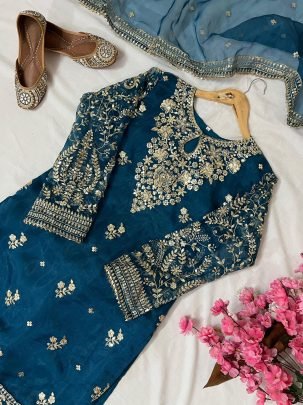 Premium Navy Blue Organza Silk 5 Meter Sequins Embroidery Work Kurti Plazzo Set