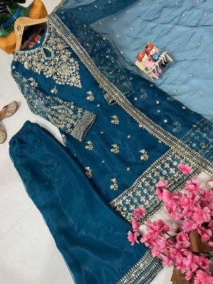 Premium Navy Blue Organza Silk 5 Meter Sequins Embroidery Work Kurti Plazzo Set