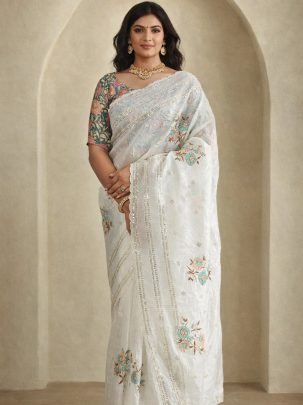 Premium Organza Fabric White Colour  Saree