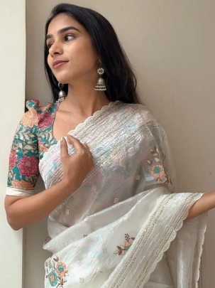 Premium Organza Fabric White Colour  Saree