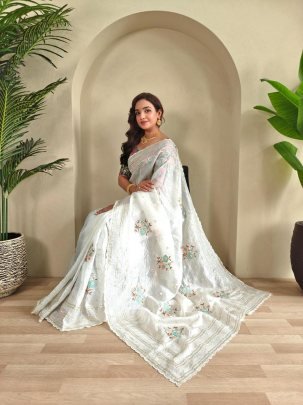 Premium Organza Fabric White Colour  Saree