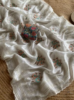 Premium Organza Fabric White Colour  Saree