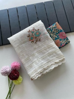 Premium Organza Fabric White Colour  Saree