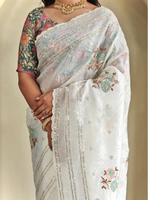 Premium Organza Fabric White Colour  Saree