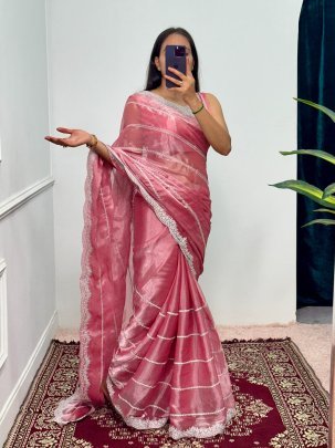 Designer Pink Burberry Saree With Heavy Zari Embroidery