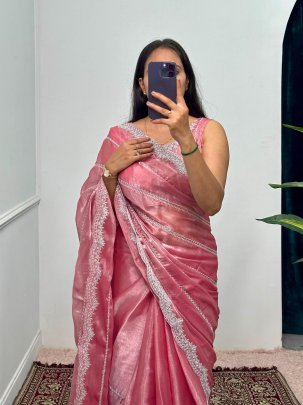 Designer Pink Burberry Saree With Heavy Zari Embroidery