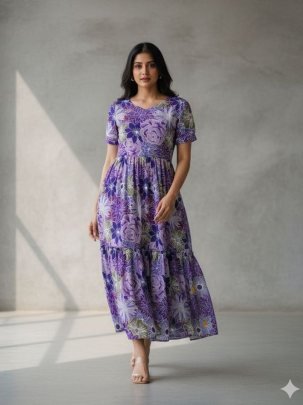 Premium Purple Fox Georgette Short Sleeves Dress