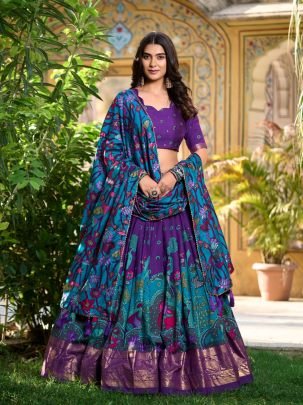 Premium Purple Tasar Silk Kalamkari Print Lehenga With Foil Work Border