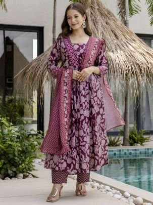 Printed Flared Kurta with Pant And Dupatta