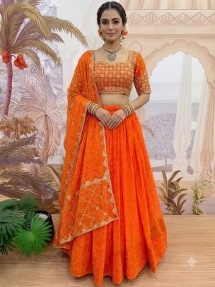 Printed  Orange Colour Lehenga With Choli