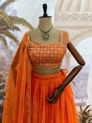 Printed  Orange Colour Lehenga With Choli