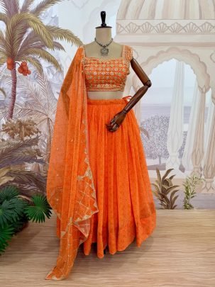 Printed  Orange Colour Lehenga With Choli