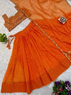 Printed  Orange Colour Lehenga With Choli