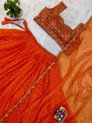 Printed  Orange Colour Lehenga With Choli