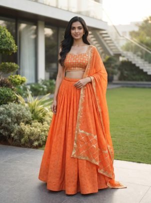Printed  Orange Colour Lehenga With Choli