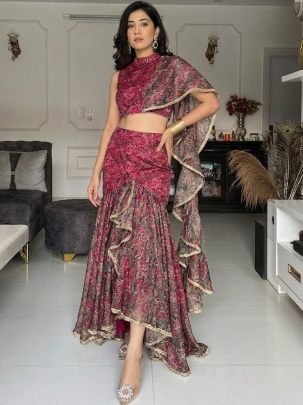 Printed Rani  Colour Ruffle Lehenga