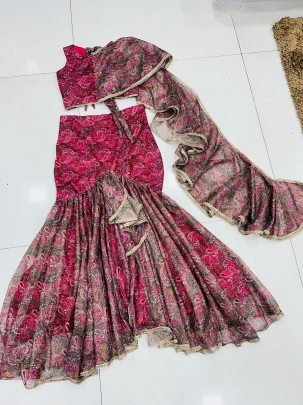 Printed Rani  Colour Ruffle Lehenga