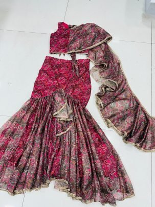 Printed Rani  Colour Ruffle Lehenga