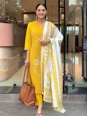 Printed  Yellow  Colour Ready Made Suit