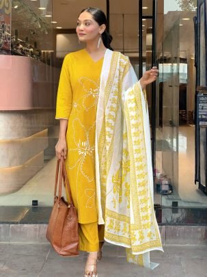 Printed  Yellow  Colour Ready Made Suit