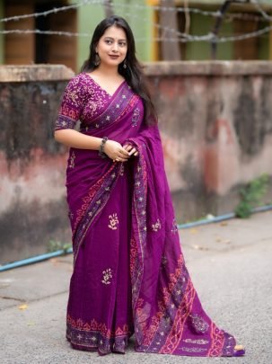 Pure Chanderi Cotton Hand Block Ajrakh Print Saree with Kaatha 