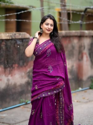 Pure Chanderi Cotton Hand Block Ajrakh Print Saree with Kaatha