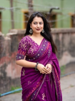 Pure Chanderi Cotton Hand Block Ajrakh Print Saree with Kaatha