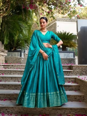 Pure Chanderi Silk Teal Blue Lehenga Choli Set With Sequins Embroidered Dupatta