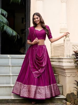 Pure Chanderi Silk Wine Lehenga Choli Set With Sequins Embroidered Dupatta