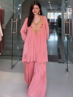 Pure Chinon Baby Pink Embroidery Work Co Ord Set