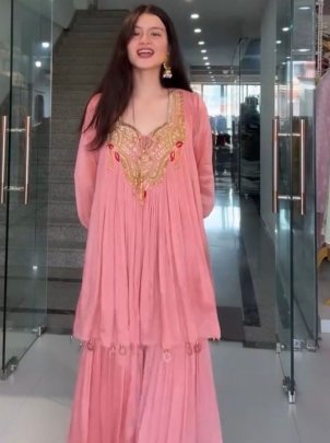 Pure Chinon Baby Pink Embroidery Work Co Ord Set