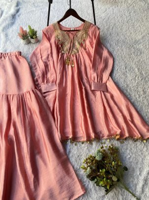 Pure Chinon Baby Pink Embroidery Work Co Ord Set