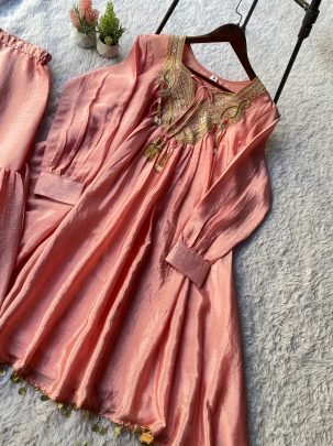 Pure Chinon Baby Pink Embroidery Work Co Ord Set