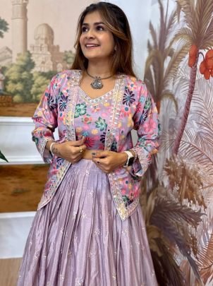 Pure Chinon Embroidery Work Purple Lehenga Choli With Jacket