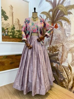 Pure Chinon Embroidery Work Purple Lehenga Choli With Jacket