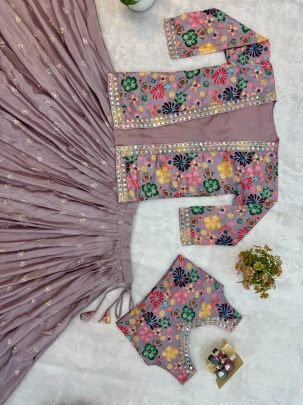 Pure Chinon Embroidery Work Purple Lehenga Choli With Jacket